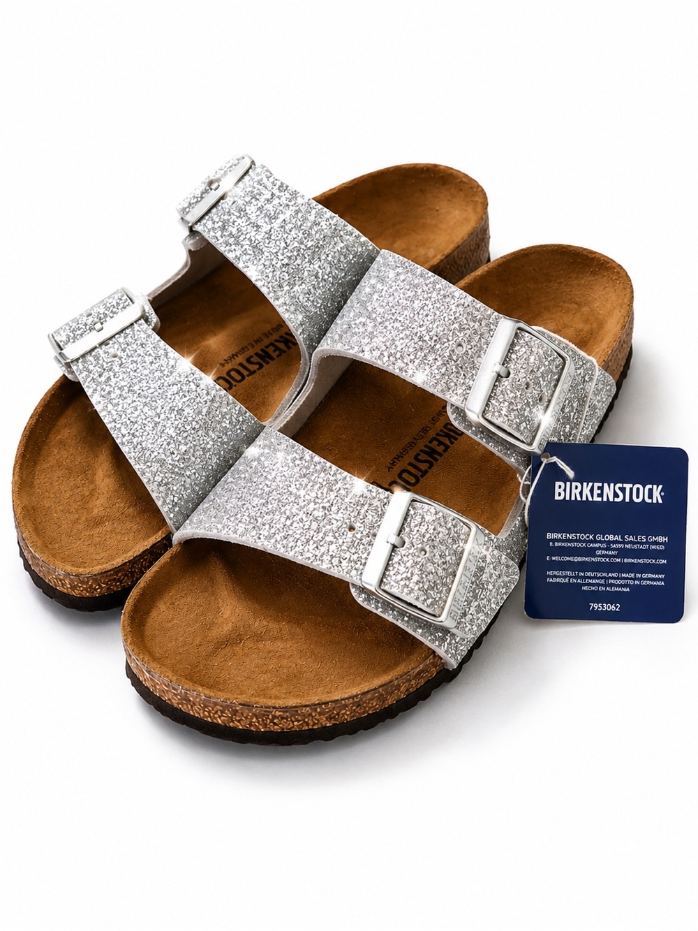 New with Tag! Birkenstock Arizona Silver Glitter Slide Sandals sz 38 / 7 N